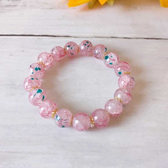 New Pink Glass w/Multicolor Specks Stretch Bracelet Crackled Beads - Picture 2 of 5